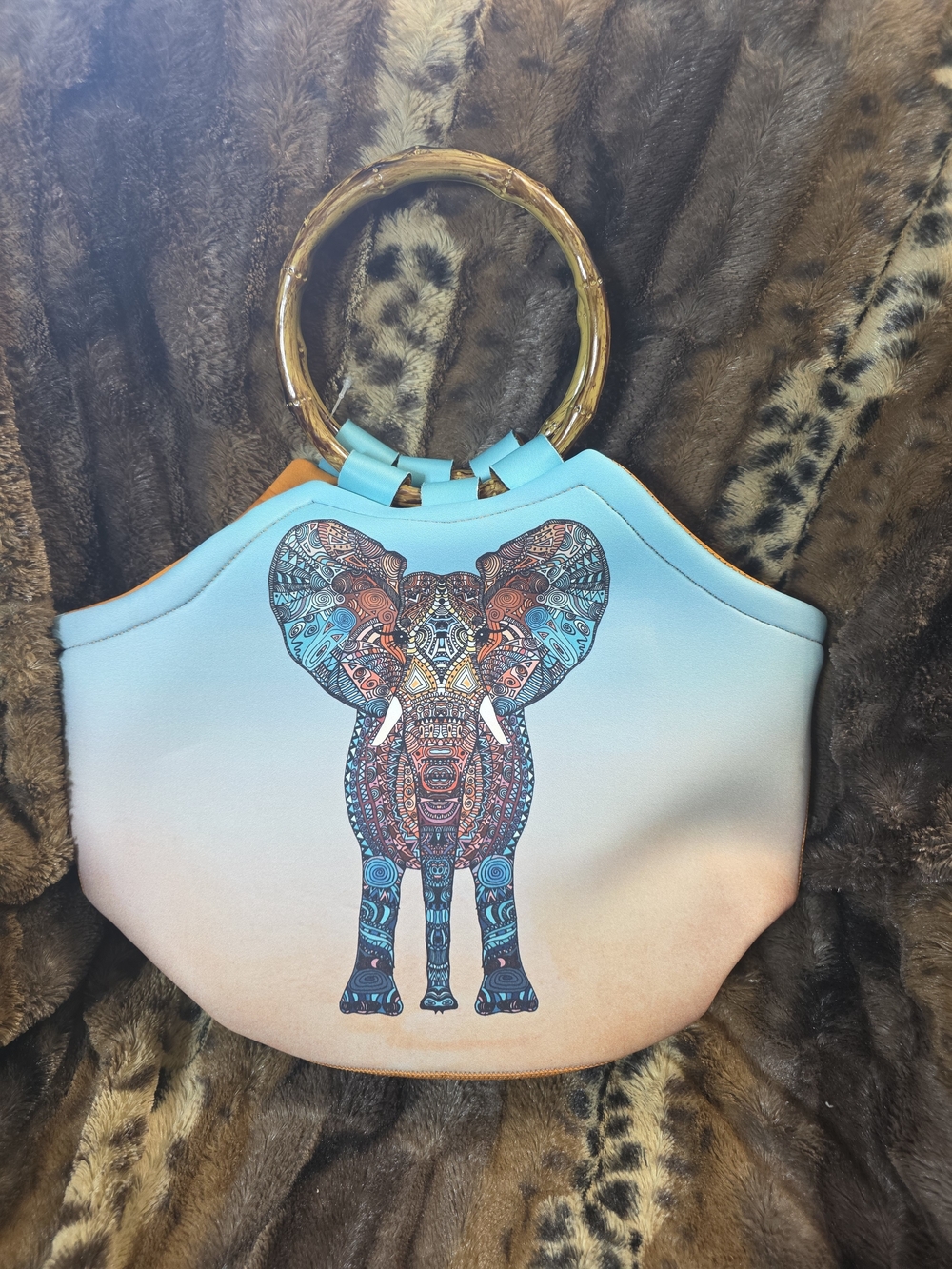 Turquoise Ombre Elephant Lunch Tote with Bamboo-Style Handles